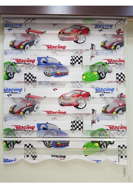 Racing Team Arabalı Baskılı Çocuk Odası Zebra Stor Perde