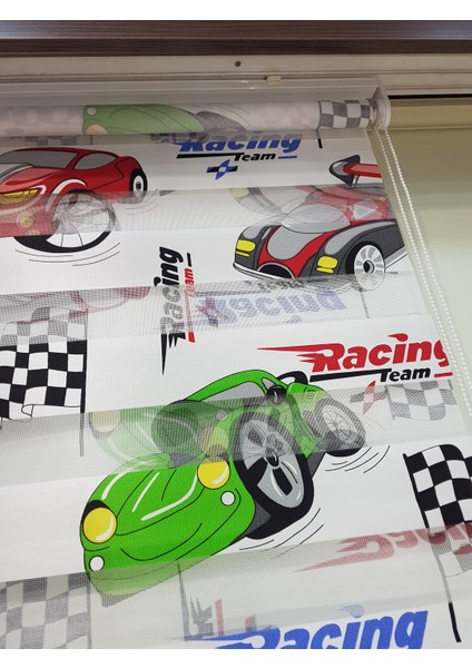 Racing Team Arabalı Baskılı Çocuk Odası Zebra Stor Perde