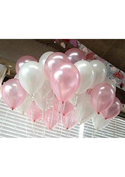 25 Adet Metalik Sedefli Pembe-Beyaz Karışık Balon Helyumla Uçan
