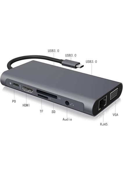 10 In 1 HDMI VGA RJ45 Pd USB 3.0 Hub Adaptör Çoklayıcı