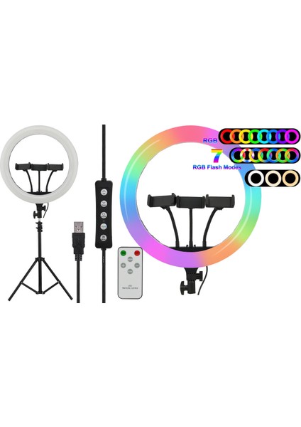 14 inç Rgb Çok Renkli LED Make Up Selfie Youtuber Işığı 210 cm Tripot Selfie Çubuğu