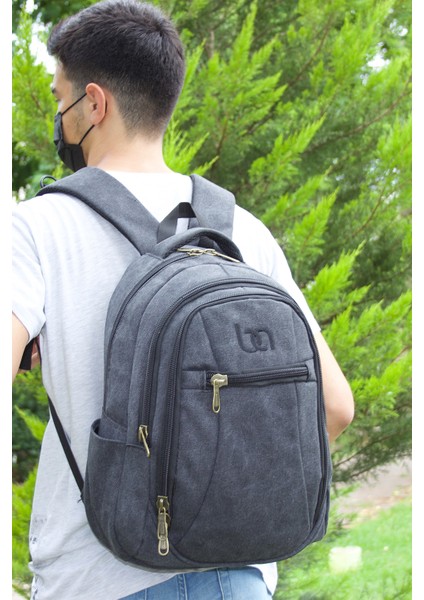 Siyah Kanvas Kumaş Laptop Bölmeli Günlük Sırt Çantası
