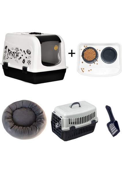 Maxi Kedi Tuvalet Kabı ( Simit Yatak, Taşıma Kabı ve Mama Kabı Seti )