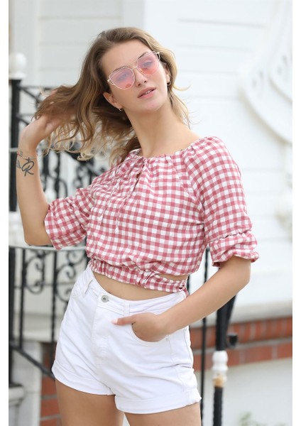 Bağlama Detaylı Crop Bluz 1736 Gül Kurusu S