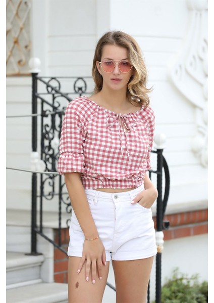 Bağlama Detaylı Crop Bluz 1736 Gül Kurusu S modelleri