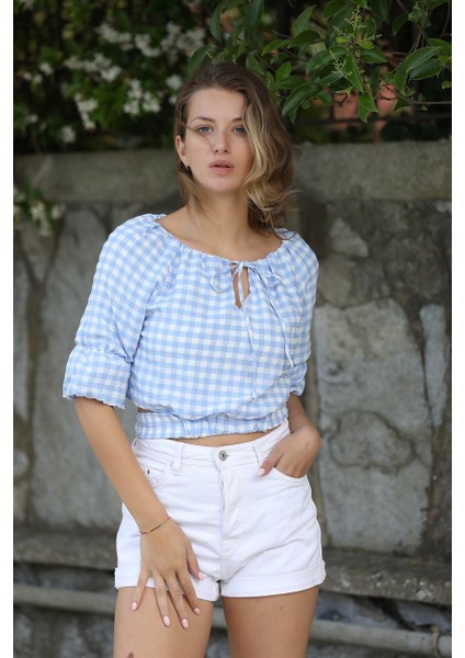 Bağlama Detaylı Crop Bluz 1736 Mavi M