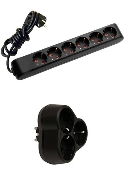 Siyah Set Multi-Let 6'lı Topraklı Çocuk Korumalı Grup Priz-3 Metre + 3'lü Yonca Fiş-Priz
