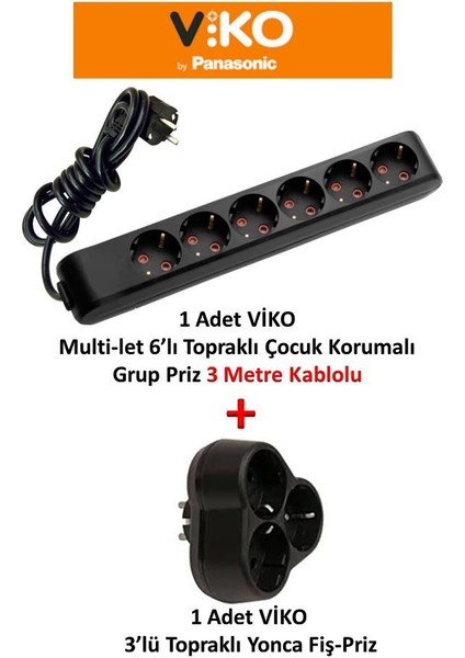 Siyah Set Multi-Let 6'lı Topraklı Çocuk Korumalı Grup Priz-3 Metre + 3'lü Yonca Fiş-Priz