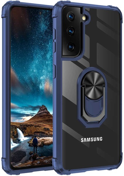 Samsung Galaxy S21 Plus Kılıf Şeffaf Sararmaz Yüzüklü Mola Kapak Lacivert
