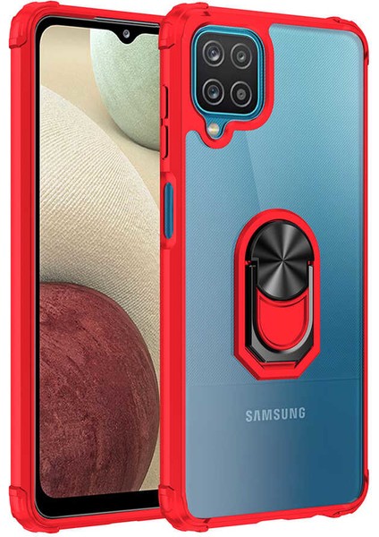 Samsung Galaxy A12 Kılıf Şeffaf Sararmaz Yüzüklü Mola Kapak Kırmızı