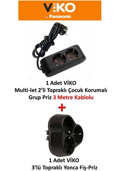 Siyah Set Multi-Let 2'li Topraklı Çocuk Korumalı Grup Priz -3 Metre + 3'lü Yonca Fiş-Priz