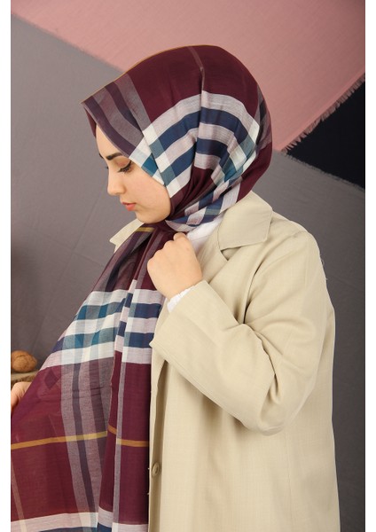 Kırmızı Sima Burberry Ekose Desen Ipek Şal