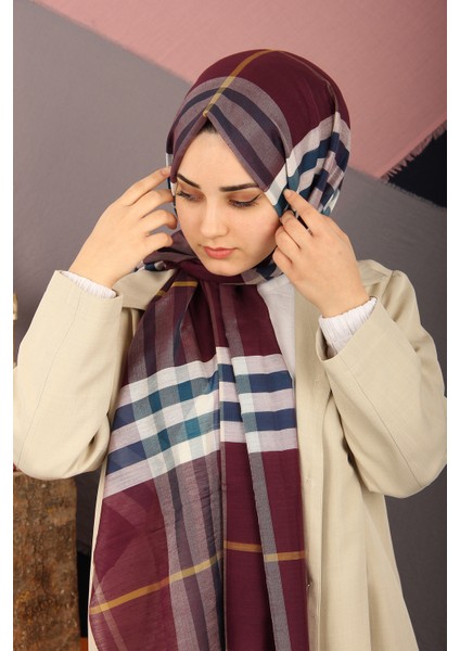 Kırmızı Sima Burberry Ekose Desen Ipek Şal