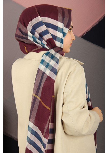 Kırmızı Sima Burberry Ekose Desen Ipek Şal