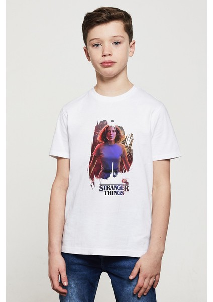 Stranger Things Eleven Wallpaper Baskılı Unisex Çocuk Beyaz T-Shirt