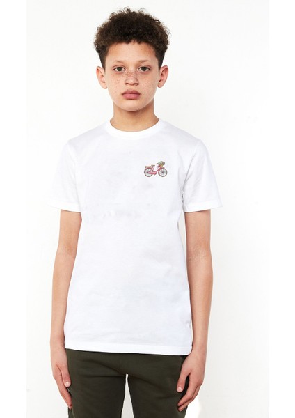 Bisiklet Gül Sepetli Pembe Bisiklet Göğüs Baskılı Unisex Çocuk Beyaz T-Shirt