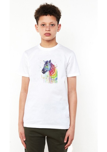 Zebra Renk Sıçrama Baskılı Unisex Çocuk Beyaz T-Shirt