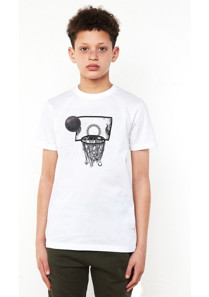 Basketbol Top Pota Baskılı Unisex Çocuk Beyaz T-Shirt