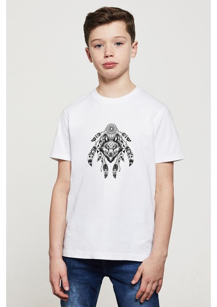 Dreamcatcher Wolf Logo Baskılı Unisex Çocuk Beyaz T-Shirt