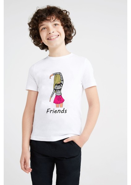 Friends Kalpli Kızlar Friends Baskılı Unisex Çocuk Beyaz T-Shirt