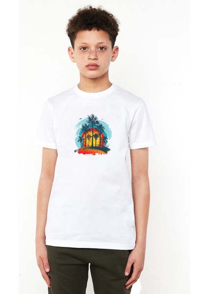 Palmiye Ağaçları Malibu Soyut Alacakaranlıkta Ada Baskılı Unisex Çocuk Beyaz T-Shirt
