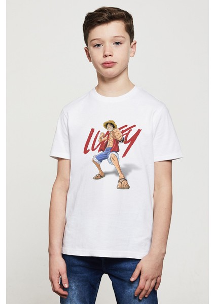 Anime Luffy One Piece Baskılı Unisex Çocuk Beyaz T-Shirt