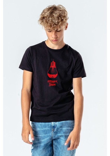 Stranger Things Ampul Baskılı Unisex Çocuk Siyah T-Shirt