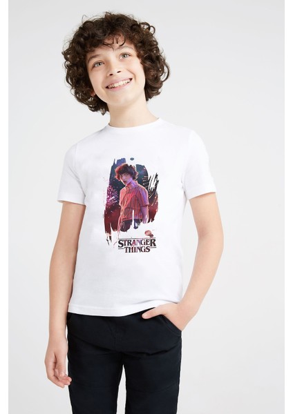 Stranger Things Mike Wallpaper Baskılı Unisex Çocuk Beyaz T-Shirt