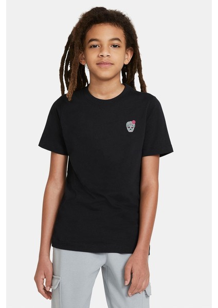 Cool Skull Rose Baskılı Unisex Çocuk Siyah T-Shirt