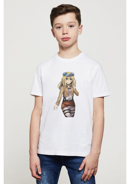 Anime Attack On Titan Baskılı Unisex Çocuk Beyaz T-Shirt