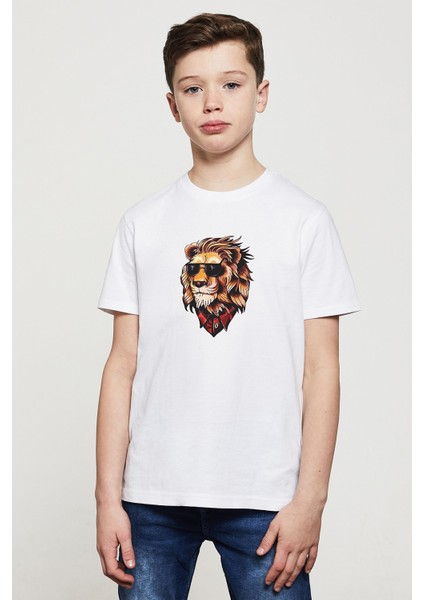 Old Skull Leon Aslan Baskılı Unisex Çocuk Beyaz T-Shirt