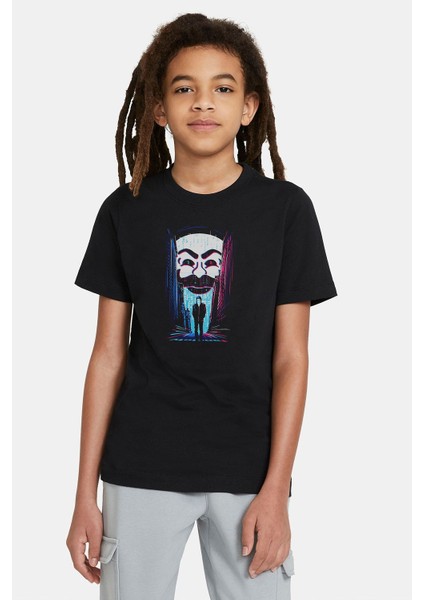 Mr Robot Baskılı Unisex Çocuk Siyah T-Shirt