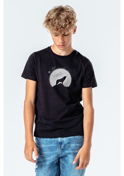 Wolves Howling Kurt Ay Baskılı Unisex Çocuk Siyah T-Shirt