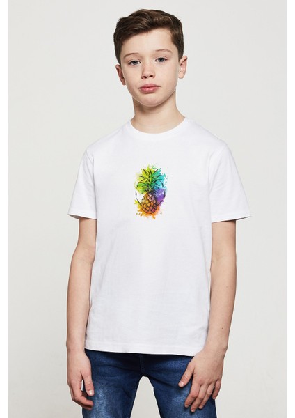 Ananas Kokteyl Suluboya Resim Punch Dövme Baskılı Unisex Çocuk Beyaz T-Shirt
