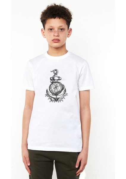 Gri Pusula Illüstrasyon Pusula Çapa Geminin Baskılı Unisex Çocuk Beyaz T-Shirt