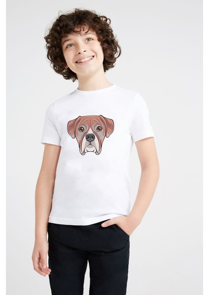 Dog Head Köpek Baskılı Unisex Çocuk Beyaz T-Shirt