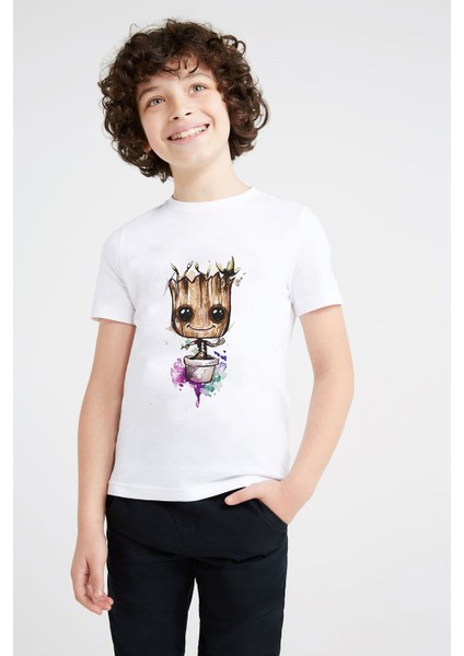 I Am Groot Water Color Baskılı Unisex Çocuk Beyaz T-Shirt