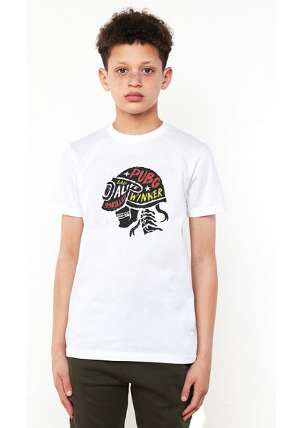 Pubg Helmet Kurukafa Skull Baskılı Unisex Çocuk Beyaz T-Shirt