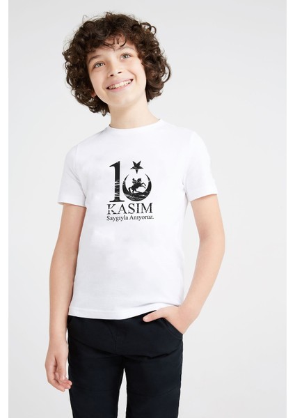 10 Kasım Sonsuzluk ve Silüet Baskılı Unisex Çocuk Beyaz Tshirt