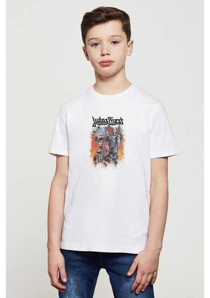 Judas Prıest Baskılı Unisex Çocuk Beyaz T-Shirt