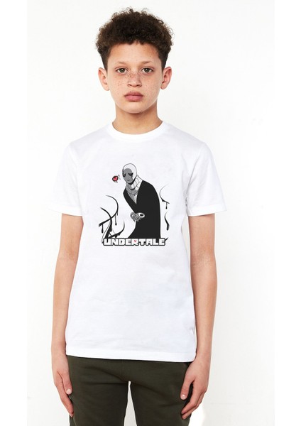 Undertale Skull Sans Os Baskılı Unisex Çocuk Beyaz T-Shirt