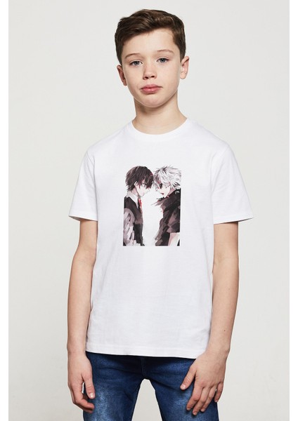 Anime Naruto Two Face Baskılı Unisex Çocuk Beyaz T-Shirt