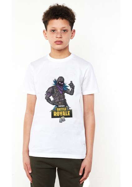 Fortnıte Kara Karakter Baskılı Unisex Çocuk Beyaz T-Shirt