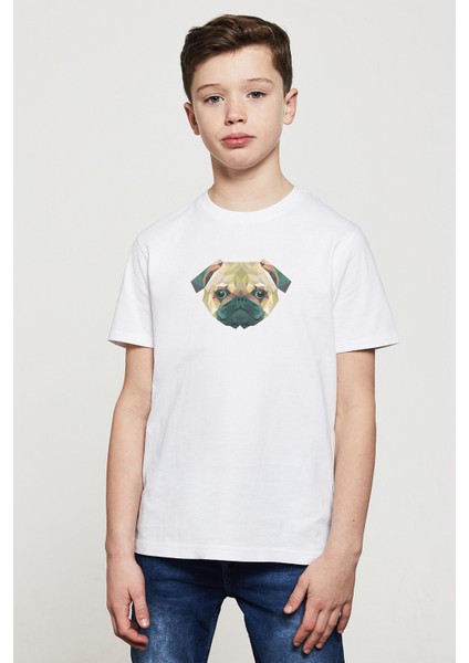 Polygonal Head Dog Köpek Baskılı Unisex Çocuk Beyaz T-Shirt