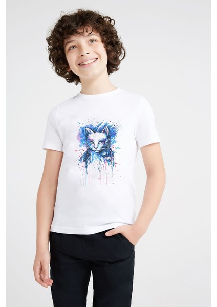 Watercolor Cat And Owl Baskılı Unisex Çocuk Beyaz T-Shirt