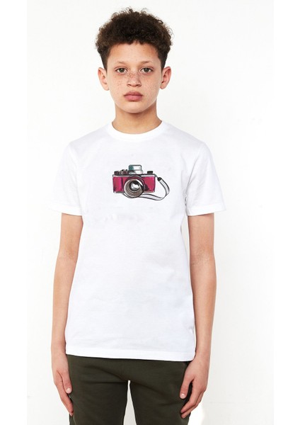 Watercolor Camera Baskılı Unisex Çocuk Beyaz T-Shirt