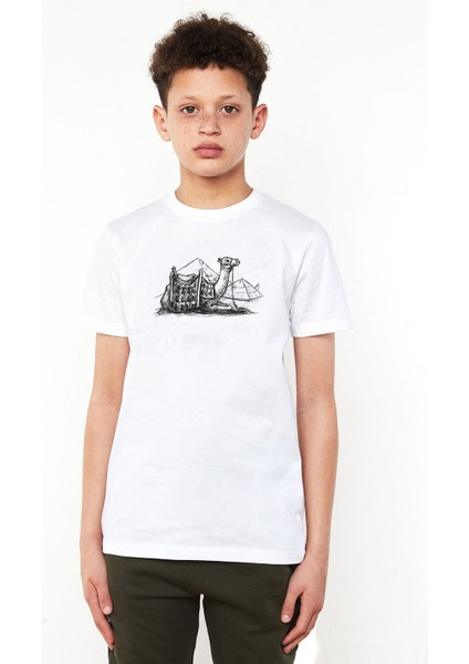 Camel Mirage Mısır Piramitleri Dromedary Çöl Baskılı Unisex Çocuk Beyaz T-Shirt