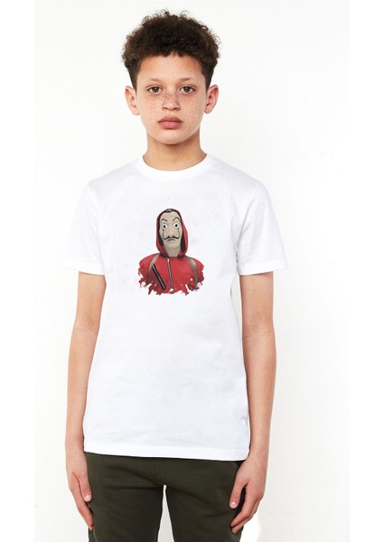 La Case De Papel Baskılı Unisex Çocuk Beyaz T-Shirt