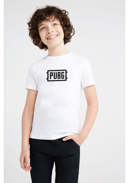 Pubg Logo Baskılı Unisex Çocuk Beyaz Tshirt