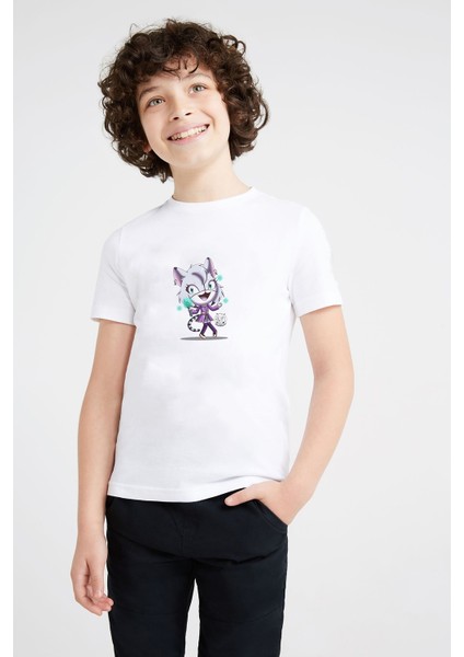 Kiss Cat Technology Baskılı Unisex Çocuk Beyaz T-Shirt
